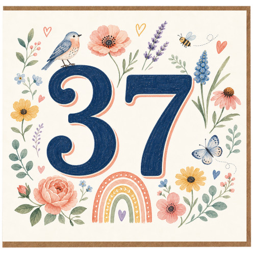 37th Birthday Card, Floral Watercolour Number 37 Card
