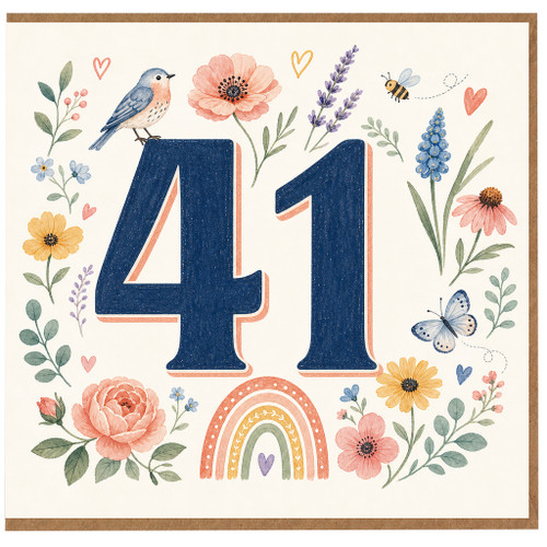 41st Birthday Card, with Floral Bird and Butterfly Design