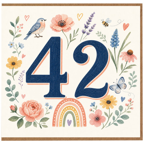 42nd Birthday Card, Floral Watercolour Number 42 Card