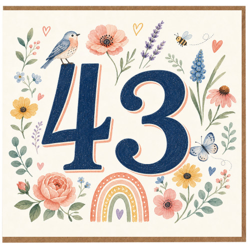 43rd Birthday Card, Floral Bird and Butterfly Design
