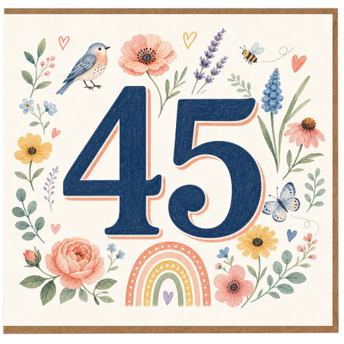 45th Birthday Card, Floral Number 45 Card with Bird, Bee and Butterflies