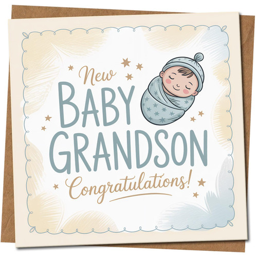 New Baby Grandson Congratulations Card, Cute Sleeping Baby Illustration, Square 145mm x 145mm, Newborn Boy Card for Grandparents, Includes Kraft Envelope