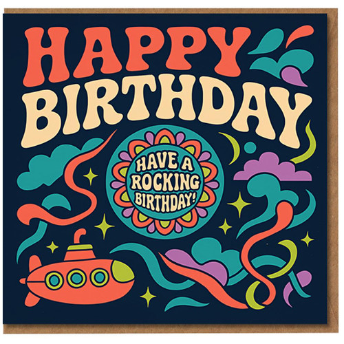 Retro Psychedelic Happy Birthday Card - Have a Rocking Birthday - Colourful Submarine and Swirls - Fun 1960s Style Greeting for Friends and Family