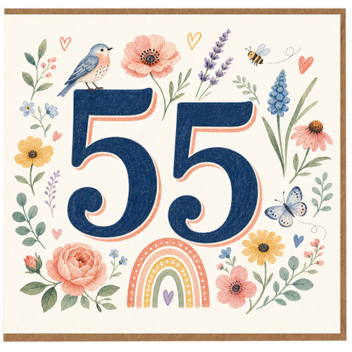 55th Birthday Card, Floral Bird and Butterfly Watercolour Design