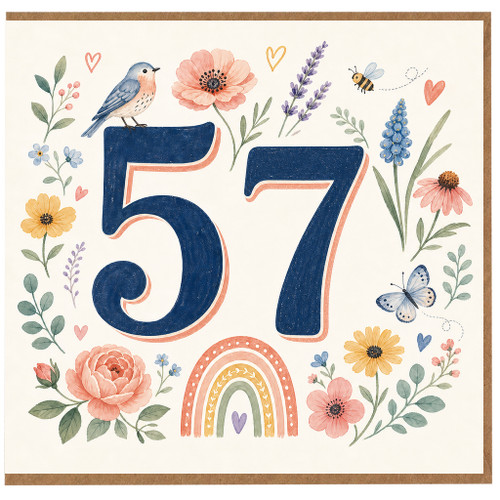 57th Birthday Card, Floral Bird Design