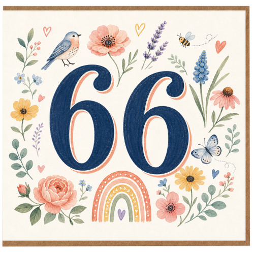 66th Birthday Card, Floral Watercolour Number 66 Greeting Card
