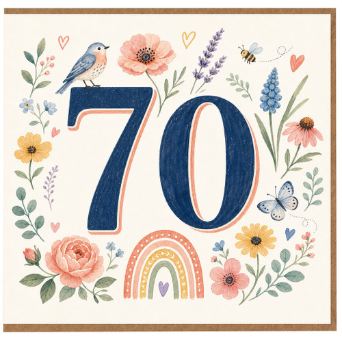 70th Birthday Card, Floral Bird and Butterfly Design