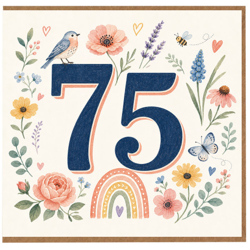 75th Birthday Card, Floral Birds and Butterflies 75 Card