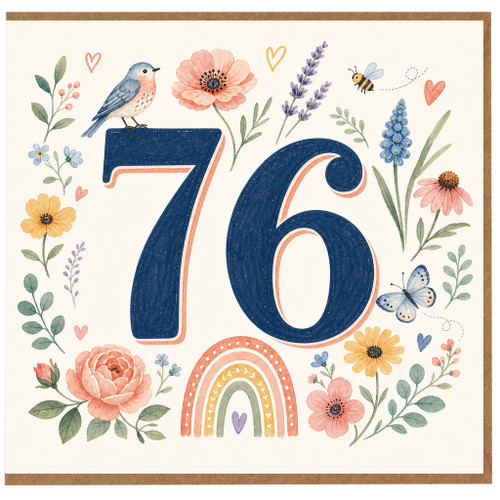 76th Birthday Card, Floral Bird and Butterfly Design