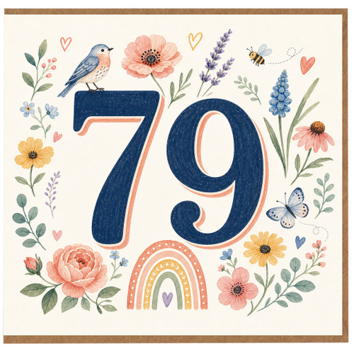 79th Birthday Card, Floral Bird Butterfly Design