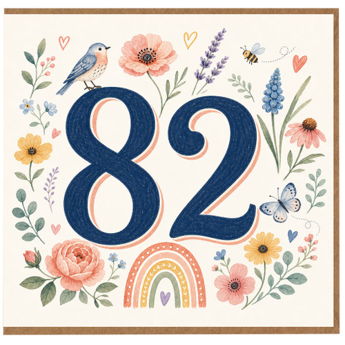 82nd Birthday Card, Floral Bird and Butterfly Design