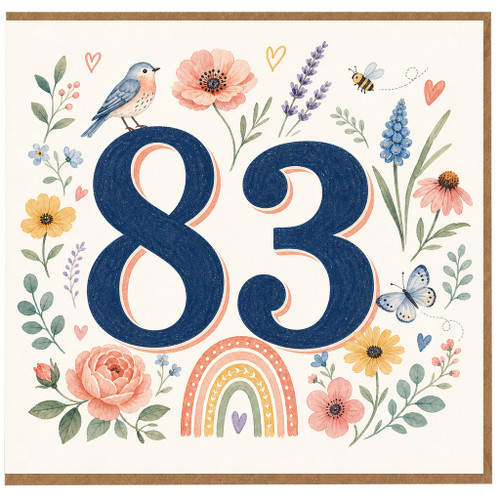 83rd Birthday Card, Floral Watercolor Bird and Butterfly Design