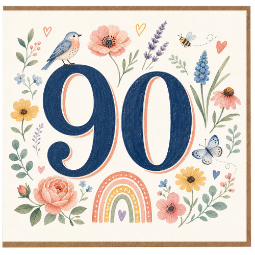 90th Birthday Card, Floral Watercolour Design