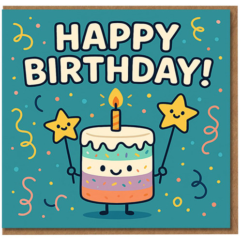 Cute Happy Birthday Card - Adorable Cake with Candle and Stars, Colourful Confetti Design - Fun Greeting for Kids, Friends or Family - Blank Inside
