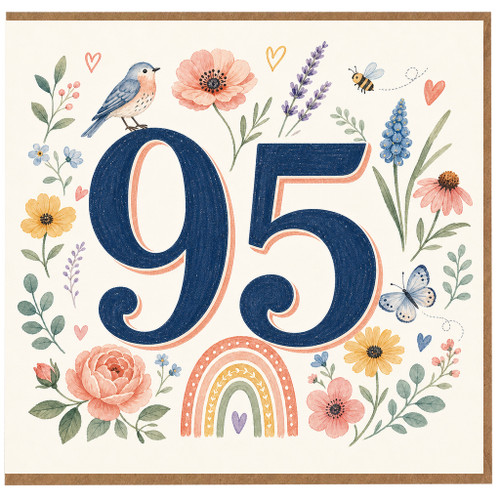 95th Birthday Card, Floral Watercolour Number 95 Card