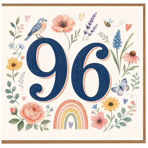 96th Birthday Card, Floral Bird and Butterfly Design