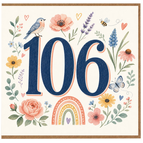 106th Birthday Card, Floral Bird and Butterfly Age 106 Card