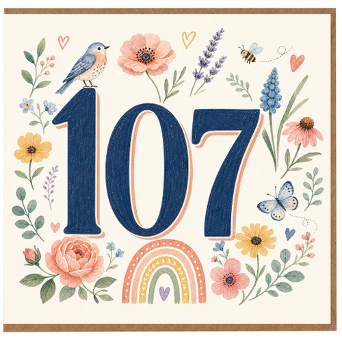 107th Birthday Card, Floral Bird and Butterflies Design