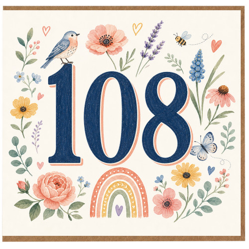 108th Birthday Card, Floral Bird and Butterfly Design