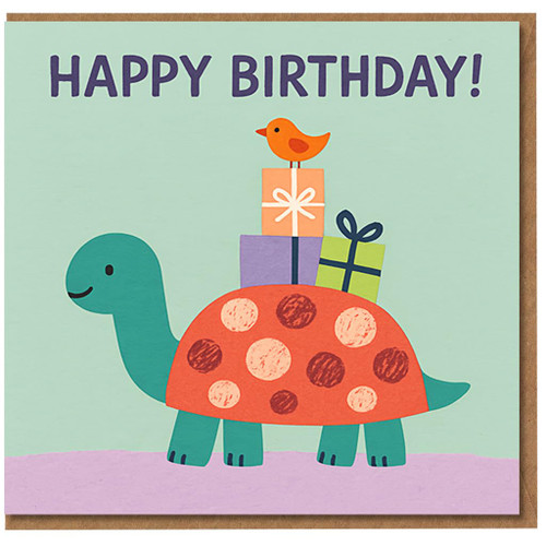 Happy Birthday Card - Cute Turtle with Presents and Little Bird - Fun Animal Design for Children or Anyone - Blank Inside Greeting Card