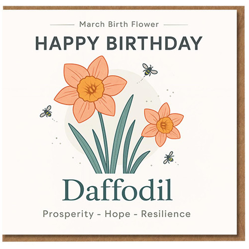 March Birth Flower Birthday Card - Daffodil - Prosperity, Hope & Resilience - Floral Illustration with Bees - For March Birthday