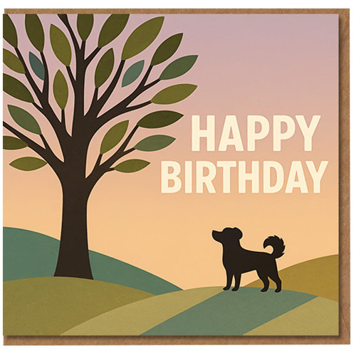 Happy Birthday Card with Dog Silhouette and Tree at Sunset - Nature Landscape Design - Cute Greeting for Dog Lovers