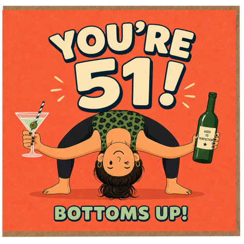 51st Birthday Card, Funny Bottoms Up Yoga Birthday Card