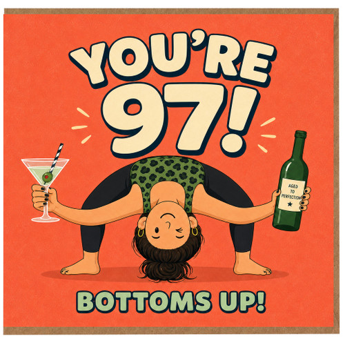 97th Birthday Card, Funny Yoga and Bottoms Up Birthday Card