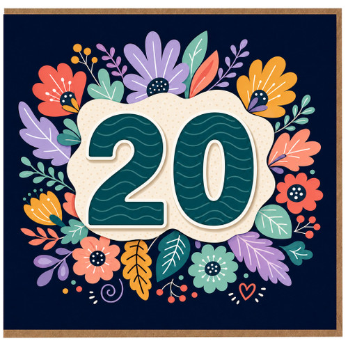 20th Birthday Card, Floral Number 20 Design