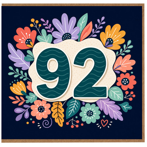 92nd Birthday Card, Floral Number 92 Birthday Card