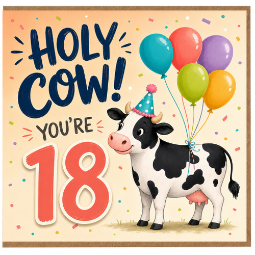 18th Birthday Card, Funny Holy Cow You're 18 Cow Balloon Design