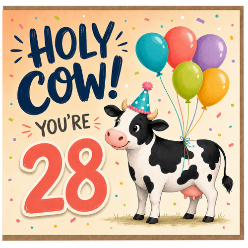 28th Birthday Card, Holy Cow You're 28 Cute Cow Balloon Design