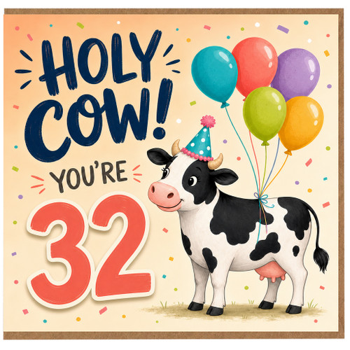 32nd Birthday Card, Funny Cow Balloon Design