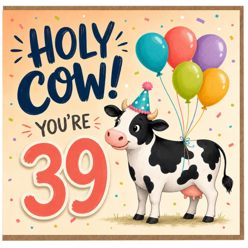 39th Birthday Card, Holy Cow You're 39 Funny Cow Balloon Card