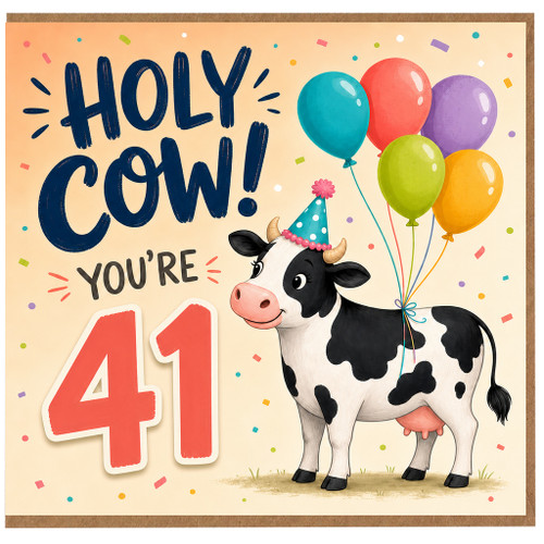 41st Birthday Card, Holy Cow You're 41 Funny Cow Balloon Card