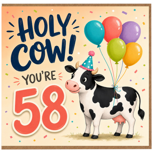 58th Birthday Card, Holy Cow You're 58 Funny Cow Balloon Birthday Card