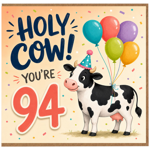 94th Birthday Card, Holy Cow You're 94 Funny Cow Balloon Party Card