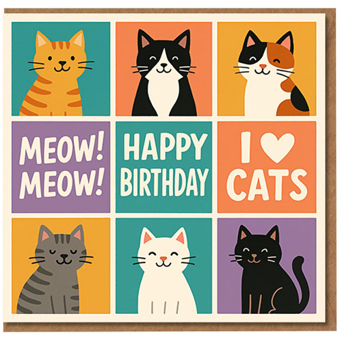 Cute Cat Birthday Card - Meow Meow Happy Birthday I Love Cats - Fun Kitty Grid Design for Cat Lovers, Adults or Kids - Colourful Greeting Card