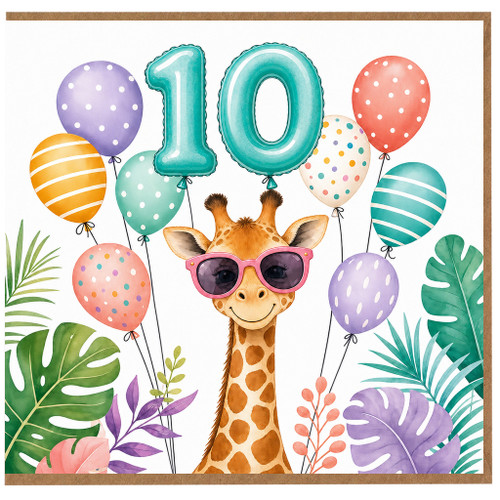 10th Birthday Card, Giraffe and Balloons Jungle Party Card