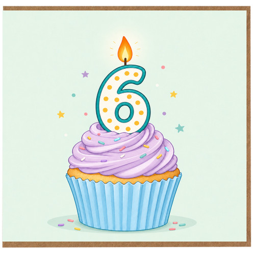 6th Birthday Card, Cute Cupcake Candle Card