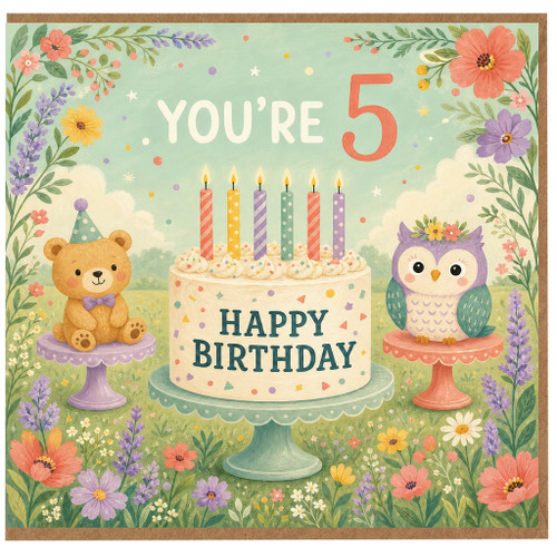 5th Birthday Card, Cute Pastel Cake Teddy Bear and Owl Birthday Card