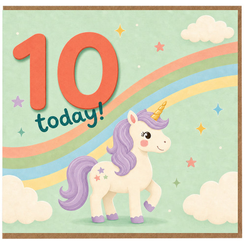 10th Birthday Card, Cute Unicorn Rainbow Card
