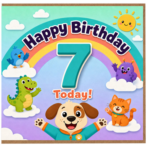 7th Birthday Card, Happy Birthday Today Cute Animals Rainbow Design