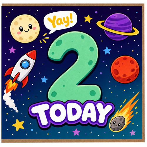 2nd Birthday Card, Space Themed Rocket and Planets Design