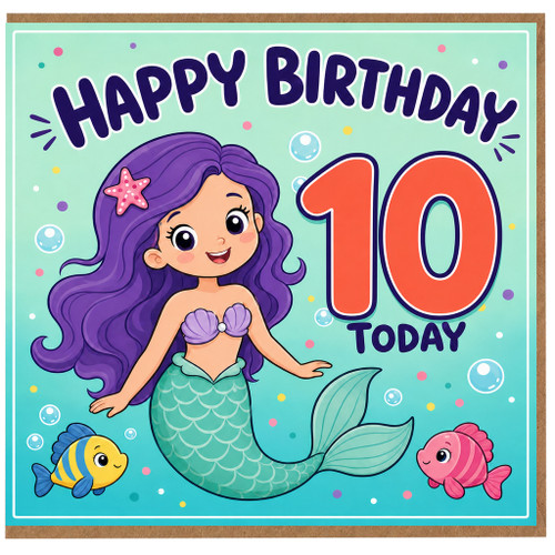 10th Birthday Card, Cute Mermaid Girl Birthday Card for 10 Year Old