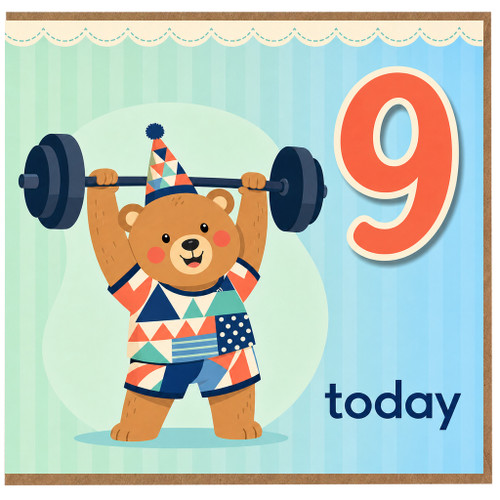 9th Birthday Card, Bear Weightlifting Today Card