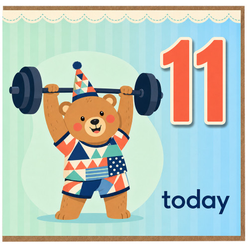 11th Birthday Card, Cute Bear Weightlifting Today Card