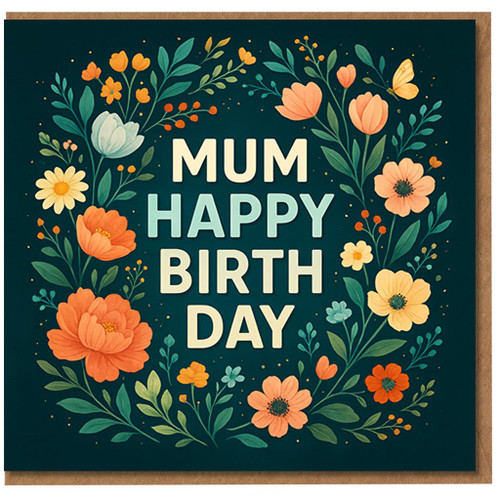 Mum Birthday Card - Floral Wreath Design - Happy Birthday Mum Greeting Card - Elegant Flowers for Mother from Daughter or Son