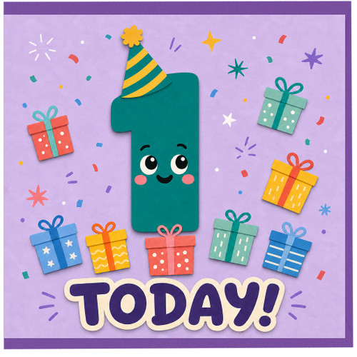 1st Birthday Card, Cute Number 1 Today! Party Hat and Gifts Design