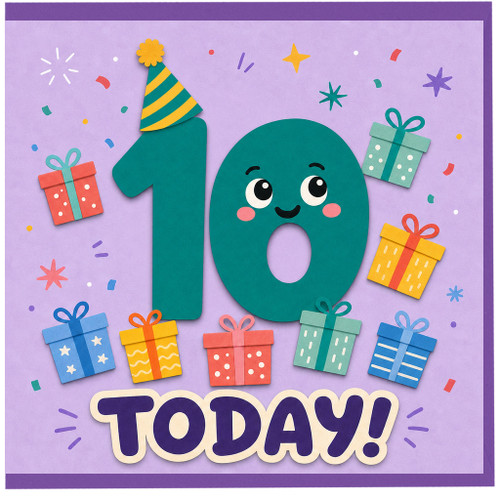 10th Birthday Card, Cute Number 10 Today Birthday Card with Gifts and Confetti